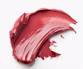 Abstract red stroke isolated on white background. Creamy shiny swatch, sampler of burghundy lipstic, tint, paint texture. Beauty, make-up and decoration concept with a close-up view.