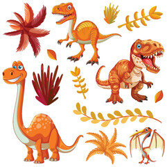 Various dinosaurs with plants and leaves