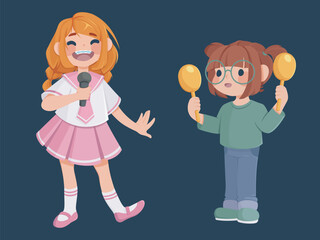 Kids musicians for school band or music education concept. Cartoon vector set of two little girls performing song - singer with microphone and with maracas. Cute preschool children play and sing.