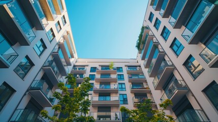 Upward middle view from the courtyard of four apartment buildings, showcasing structural design, raw and crisp
