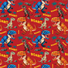 Obraz premium Vibrant dinosaurs with 'Roar' text on red background
