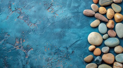 Pebbles arranged on blue textured background Top view with space for text