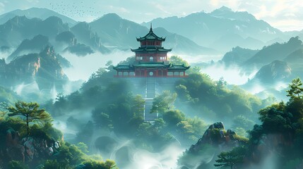 Obraz premium Green mountain forest and mountaintop pavilions illustration poster background