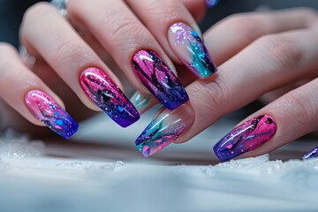 Polished nails on manicured hands with vibrant colors