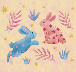 easter bunny with easter eggs. cute rabbit illustration