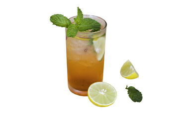 herbal drinks iced tea lemon, peppermint for health care arrangement flat lay style 