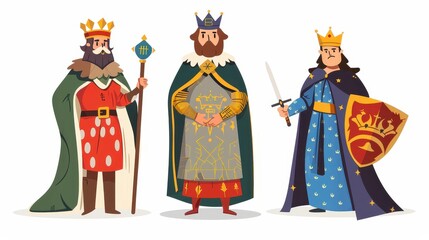 Three cartoon kings in royal attire
