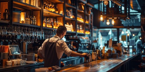 Fototapeta premium A man in a white shirt is working at a bar