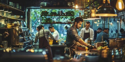 A man is cooking in a restaurant kitchen with other people around him