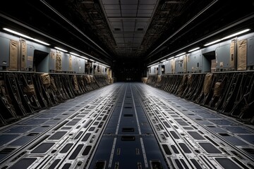 Fototapeta premium Military equipment loading in aircraft cargo compartment for transport operation
