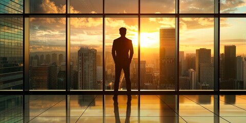 A man stands in front of a window looking out at the city