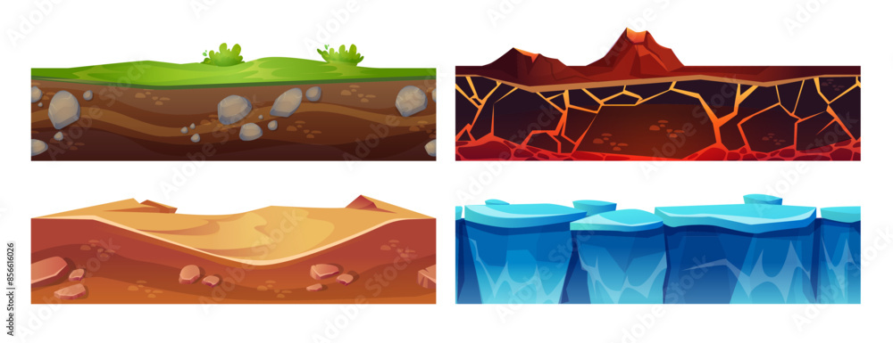 Poster cut ground layer for game ui platform design. cartoon vector set of seamless underground texture of 