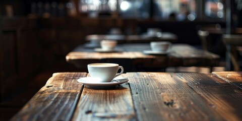 A white coffee cup sits on a wooden table in a cafe