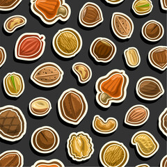 Vector Nut Seamless Pattern, decorative background with many flying organic nuts for wrapping paper or bed linen, square placard with flat lay assorted brown nuts on black background for home decor