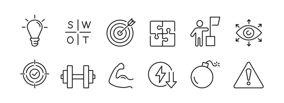 SWOT icons. Set of SWOT analysis with strength, threats, weakness and opportunities