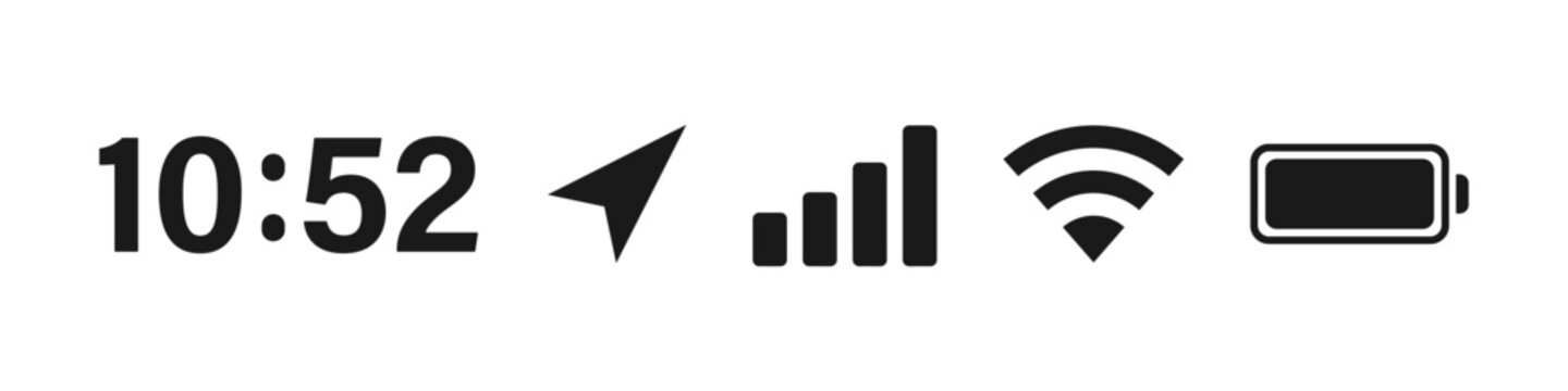 Status bar icon. Time, GPS, signal, battery, wifi. Vector