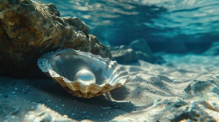 Fototapeta premium Orange Seashell With Pearl on the Shoreline Bathed in Sunset Light
