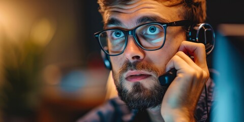 A man wearing glasses is on the phone