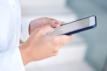 Office, phone and hands of business woman for communication, contact and b2b networking. Professional, corporate and closeup of worker on smartphone screen for job search, website and social media