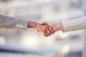 Business people, closeup or handshake for agreement, cooperation for project and b2b deal. Shaking hands, contract and employees with teamwork, greeting and thank you for promotion and collaboration