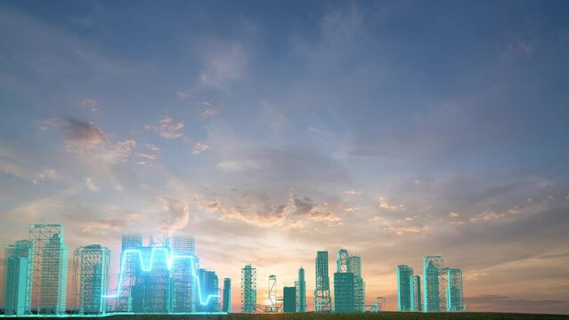 Futuristic landscape with animation of the construction of a halographic city against the backdrop of a time lapse of a beautiful sunset in a field