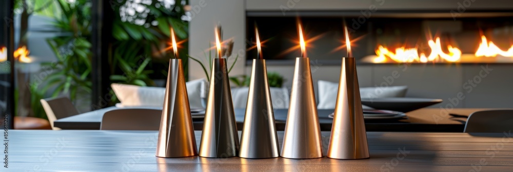 Poster three triangular prism candles each in a different metallic finish standing tall on a modern dining 