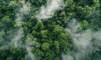 Aerial view of a lush rainforest canopy with mist swirling through the dense green foliage, creating a mystical and serene atmosphere