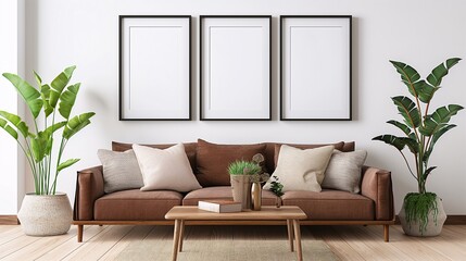 A cozy living room with a brown sofa, a wooden coffee table, and three blank frames on the wall.