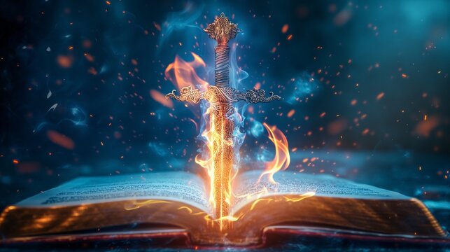 A flaming sword emerging from an open book, set against a dark background with a mystical and ethereal atmosphere.