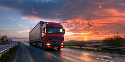 A red semi truck is driving down a road at sunset