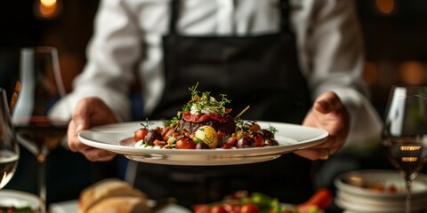 A man is holding a plate of food, which includes a steak and vegetables