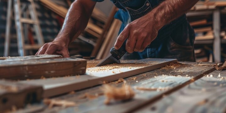 A man is cutting wood with a knife