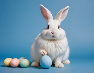 White Bunny with Easter Eggs on a Blue Background