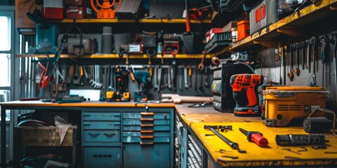 A cluttered workbench with tools and a red drill