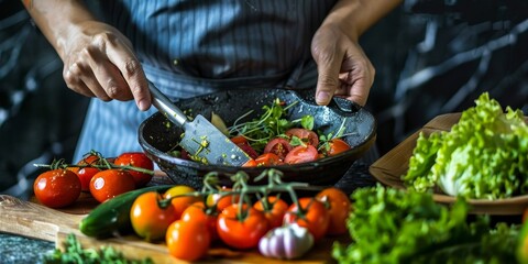 A person is preparing a salad with tomatoes, lettuce, and other vegetables