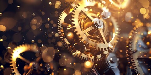 A close up of a clock with gears and a blurry background