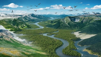 A breathtaking panoramic view of lush nature, with vast meadows and a turquoise river winding through the landscape.