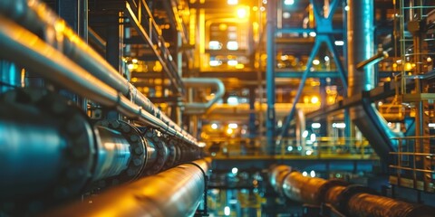 Obraz premium A large industrial building with many pipes and a yellow light