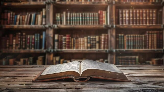 Video of open book on a wooden table with bookshelves library background.  World Book and Copyright Day.