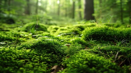 Obraz premium Lush Green Forest Floor Covered in Moss with Sunlight Filtering Through Trees in a Serene Woodland Setting