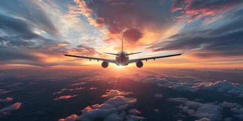 A plane is flying through a cloudy sky with a beautiful sunset in the background