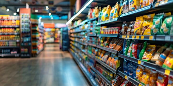 A large grocery store with many shelves of snacks and beverages