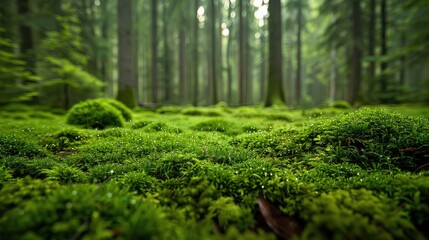 Lush Green Forest Floor Covered with Moss and Dewdrops in a Serene Woodland Setting