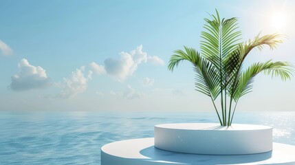 Obraz premium Tropical Palm Tree on Minimalist White Platform with Ocean and Sky Background
