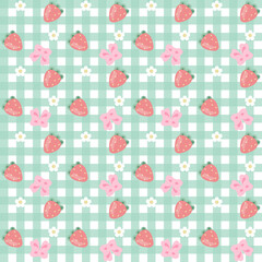 Vector white mint green plaid pattern decorated with strawberry bow and flowers in cute style for fabric pattern design, gift wrapping paper, wallpaper, bag, notebook cover, bed sheet.