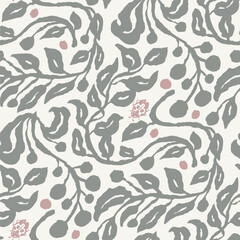 Inky brush strokes vintage green leaves seamless pattern. Abstract floral contemporary background.