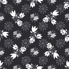 Monochrome seamless pattern with abstract retro wild flower blooms on black background. Vintage ditsy floral digital paper