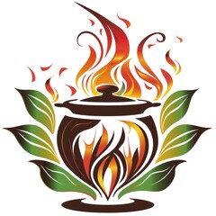 Stylized Pot with Flames and Leaves
