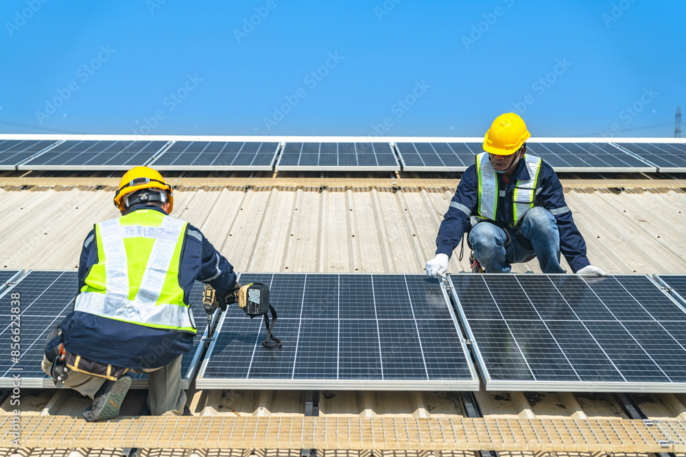 Wall mural worker technicians are working to construct solar panels system on roof with sky and clound on backg