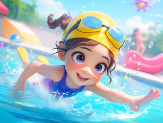 Cute girl in the summer swimming pool